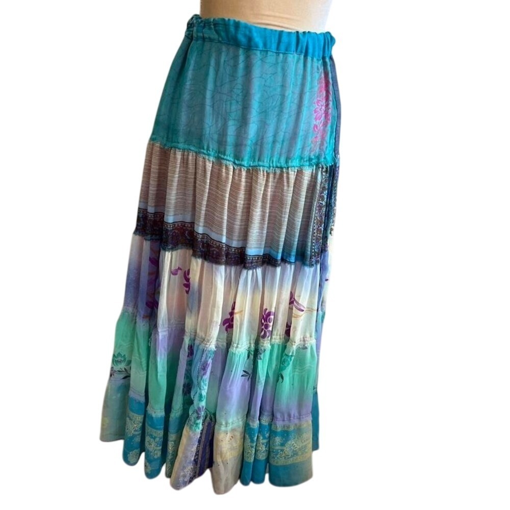 Bambu Womens Teal Purple Patchwork Tiered Boho Maxi Skirt Small - Picture 2 of 7